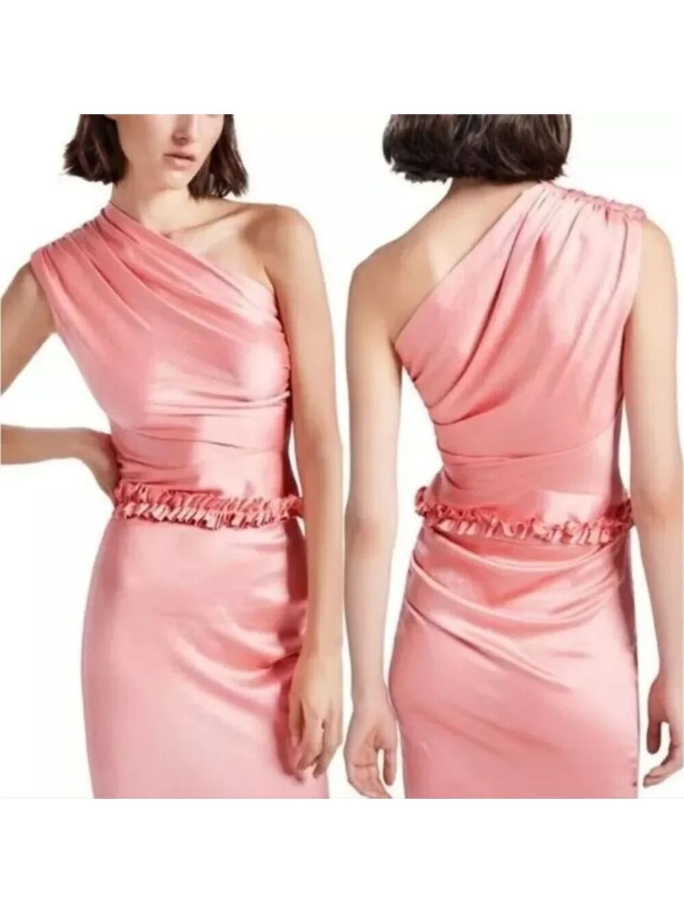 Smythe Ruffle Trim One Shoulder Top Rose Pink Size 4 Satin Smocked Blouse